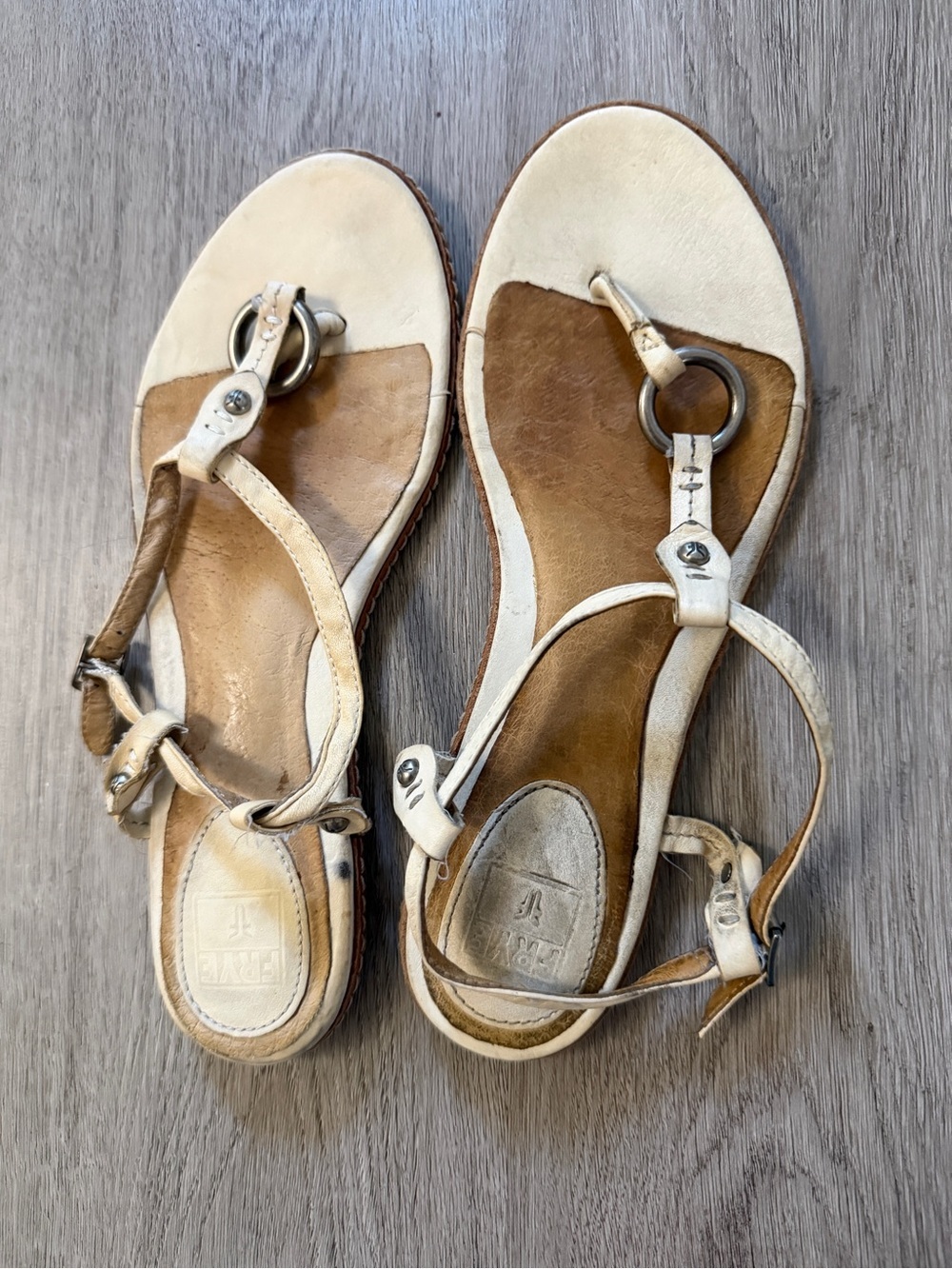 Frye Cream and Brown Leather T-Strap Sandals
